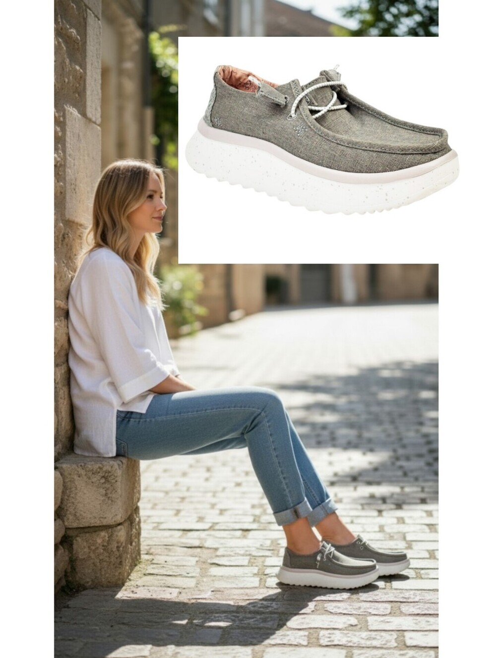 NWB Hey Dude sz 6 Wendy peak chambray platform slip on shoes walnut gray comfort